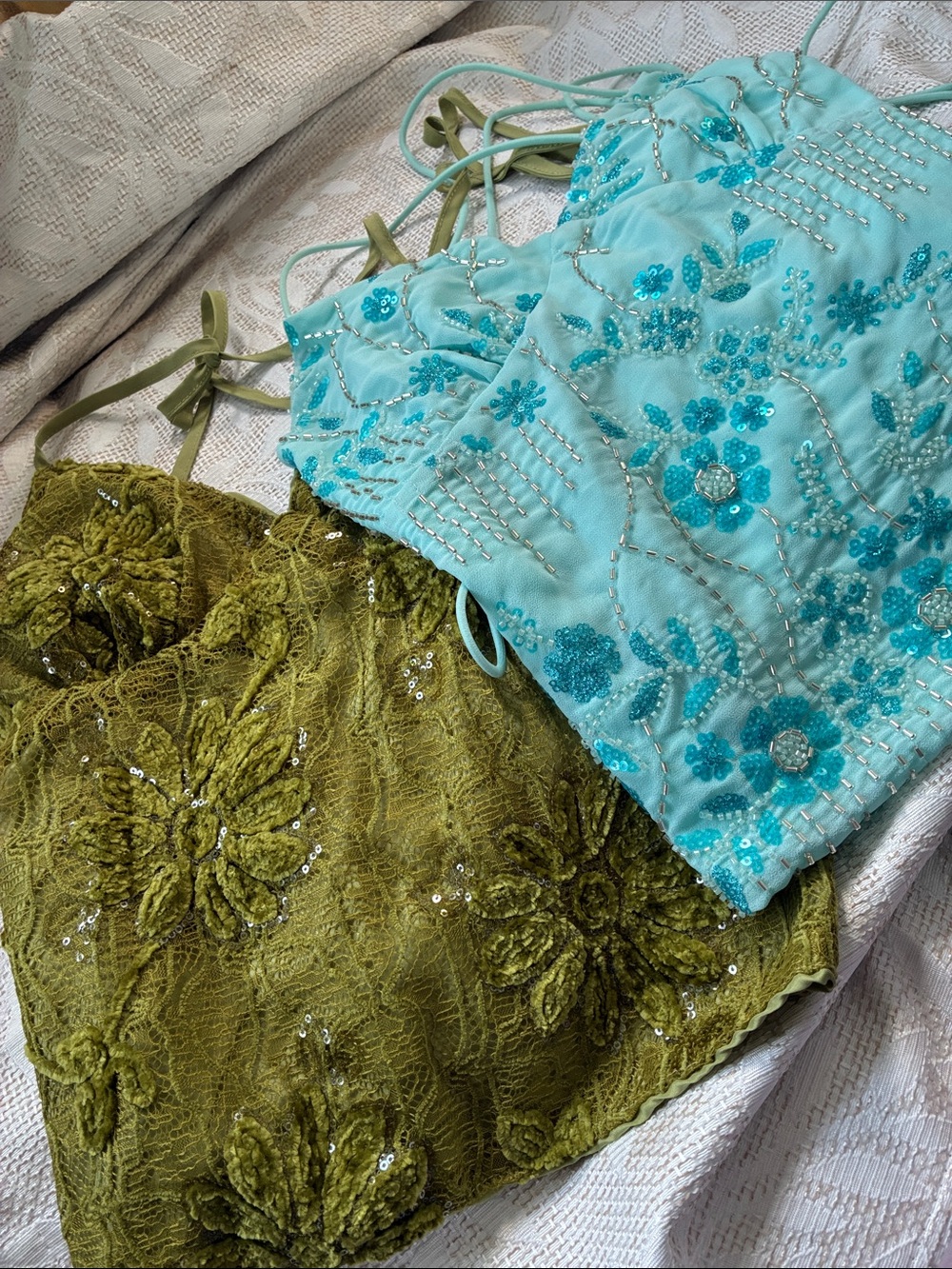 Beaded Floral Lace Camisole Top - Aqua and Olive, you get both tops w order